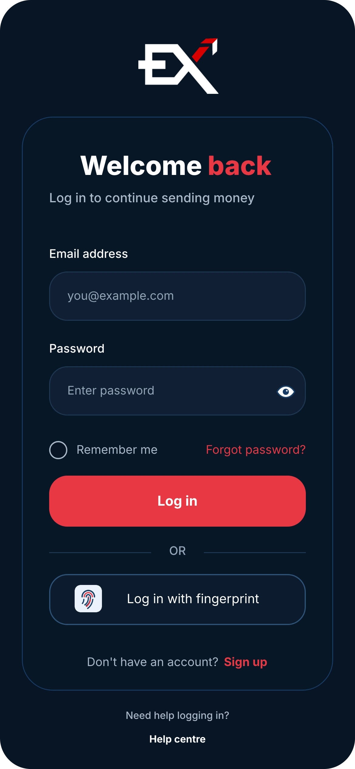 Express Remit app login screen